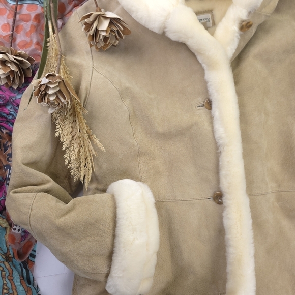 Charles Klein Luxurious Leather Tan and Cream Fleece Coat Size L - Picture 3 of 16